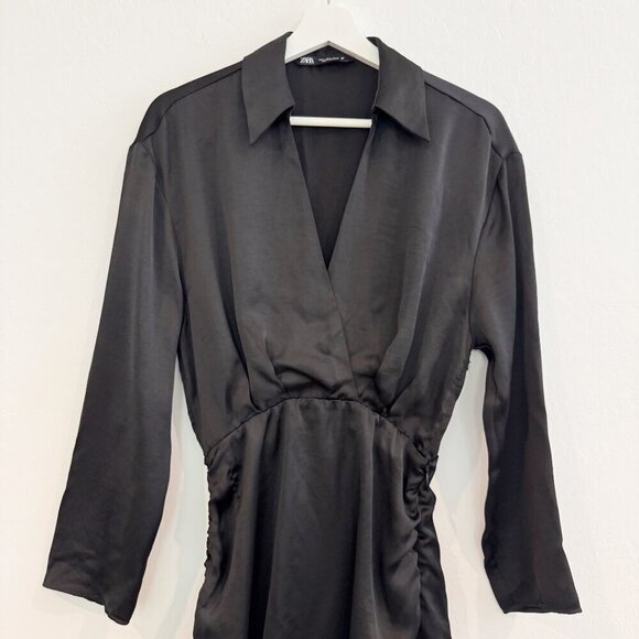 Zara Satin Collared Ruched Side Tie Mini Slip Dress Party Cocktail Black Small - Picture 4 of 10